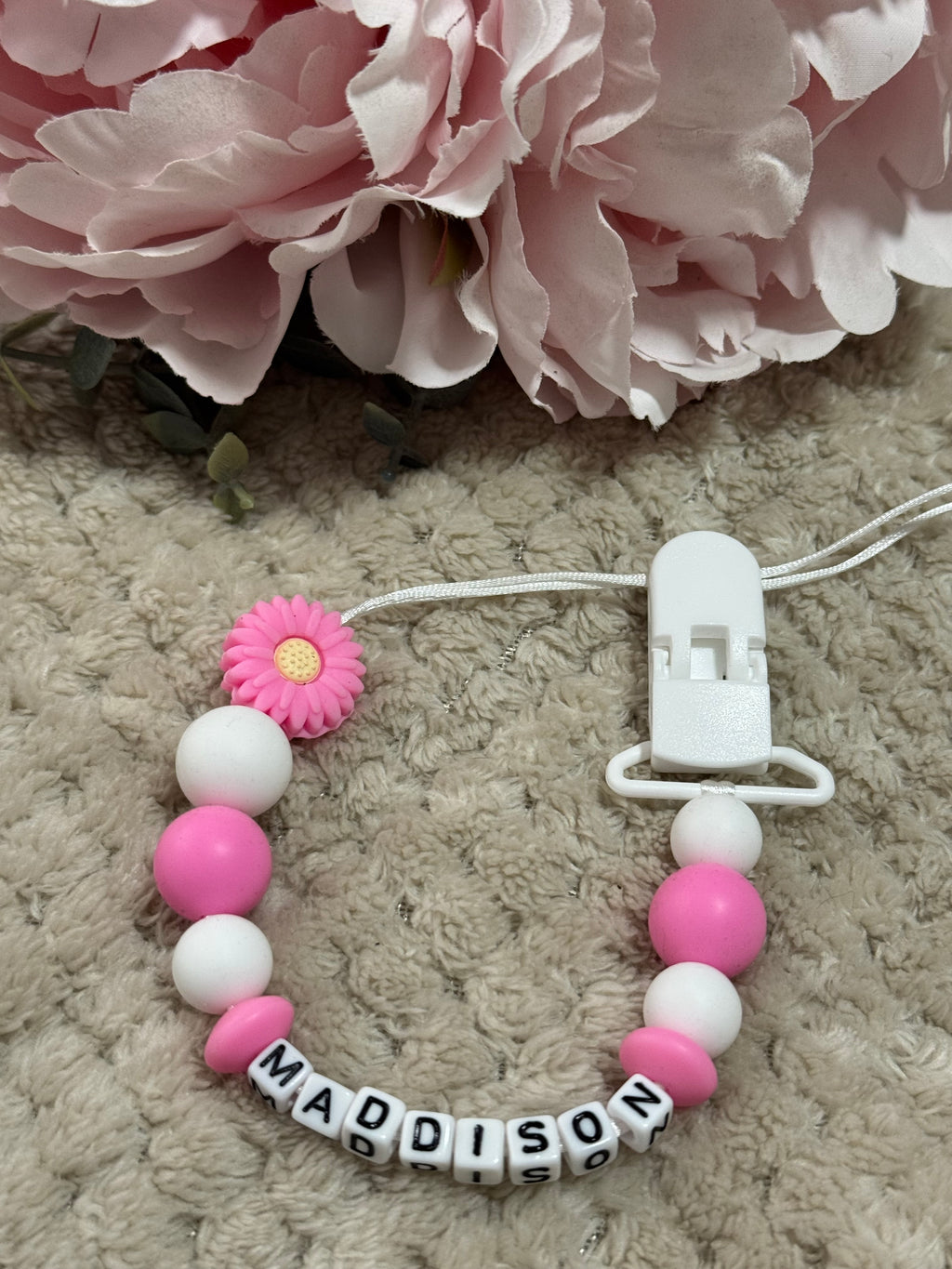 Pink Floral beads on a dummy chain personalised with any name