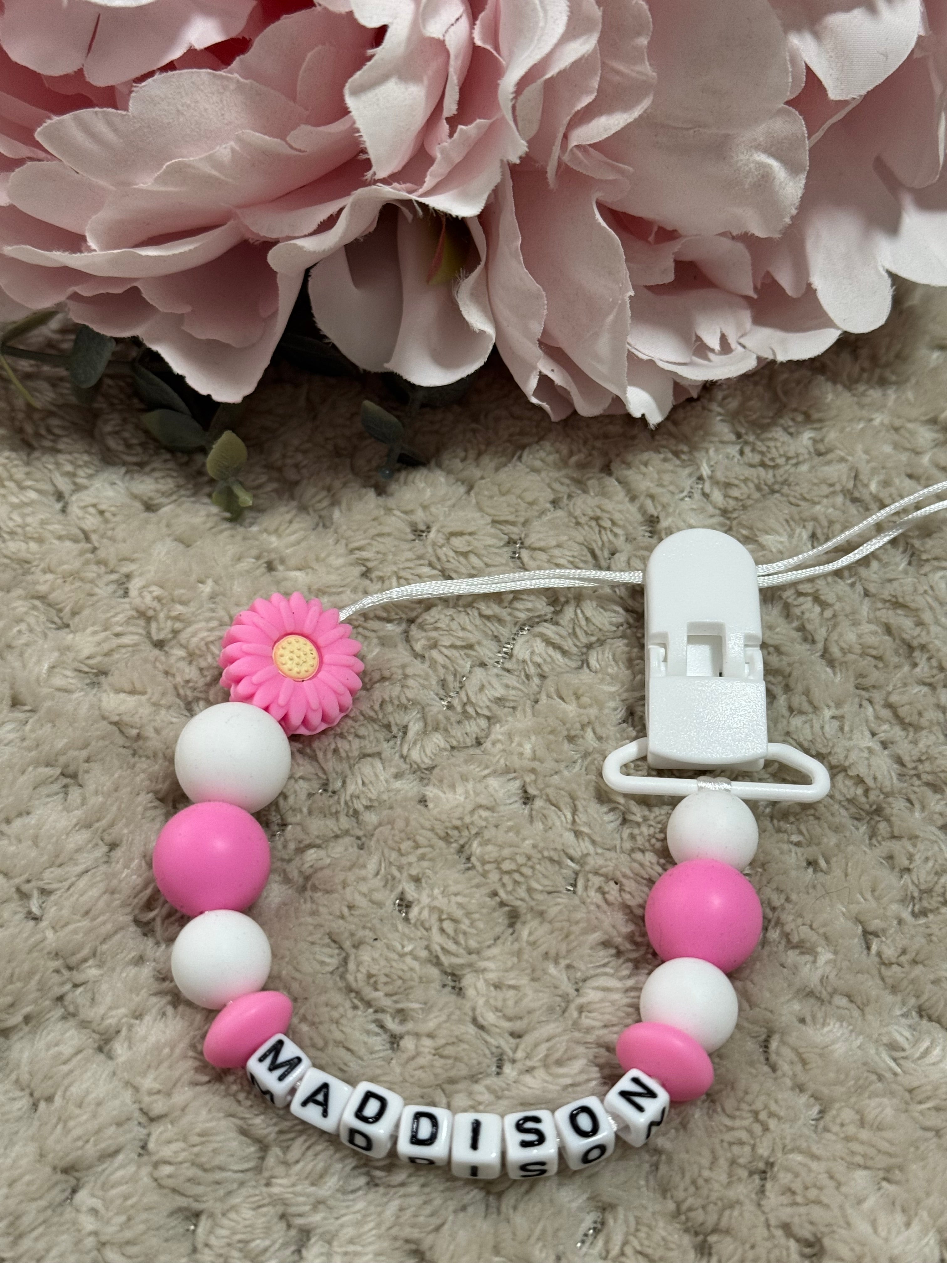 Pink Floral beads on a dummy chain personalised with any name