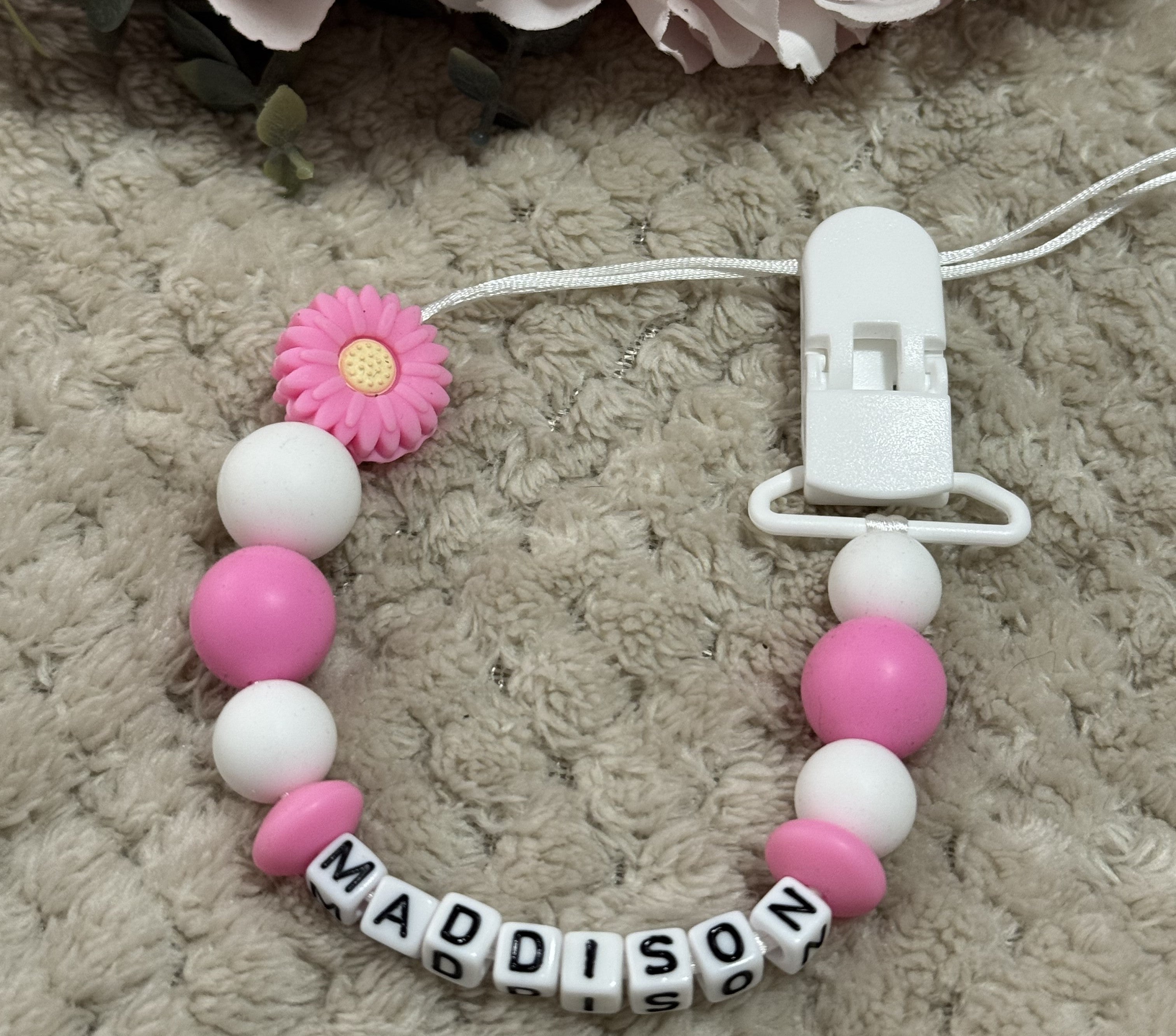 Pink Flower Pacifier Clip. Personalised With Any Name.