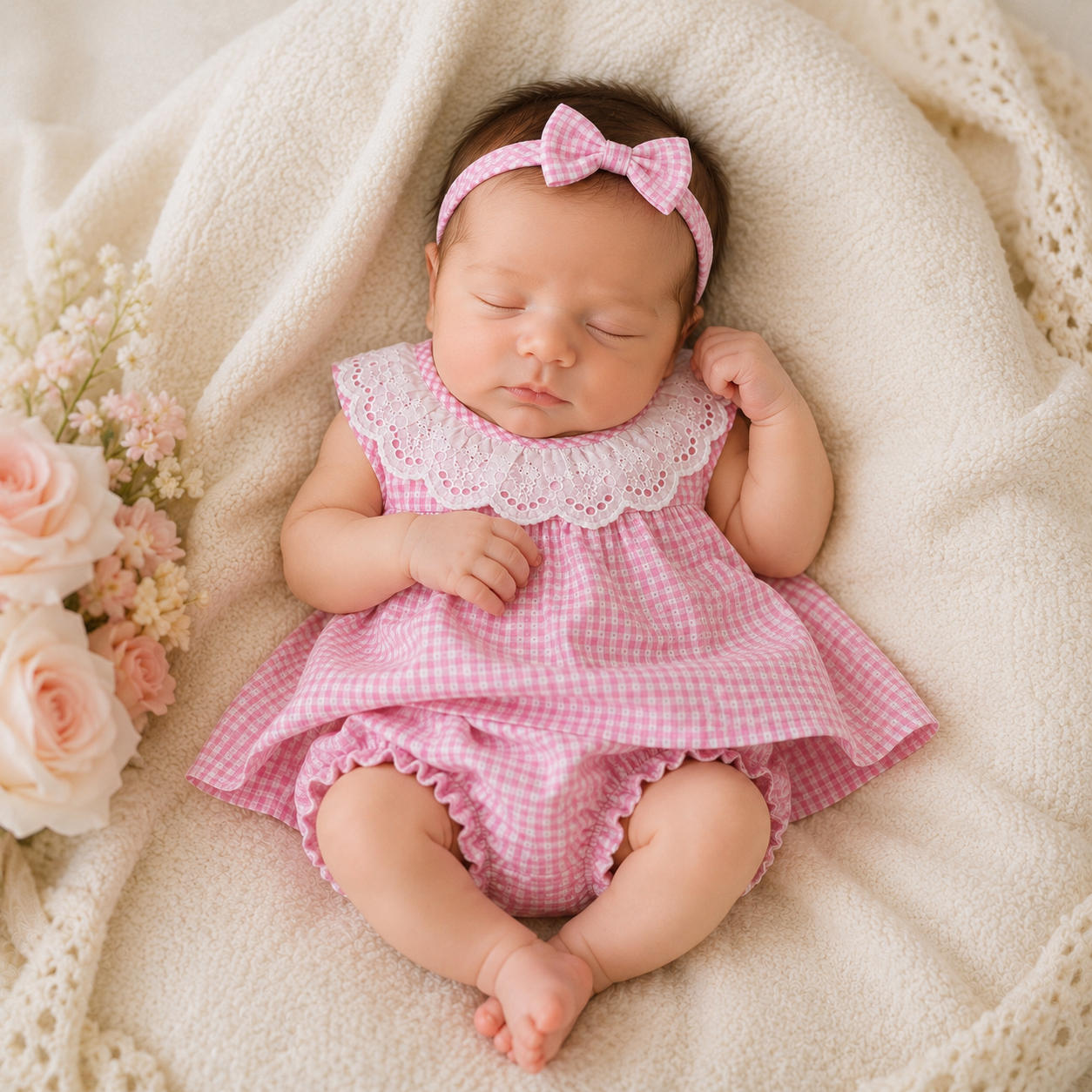 A sleeping newborn baby wearing a pink and white gingham romper with a white lace collar and a matching pink bow headband, lying on a soft cream knit blanket with pink flowers on the side.