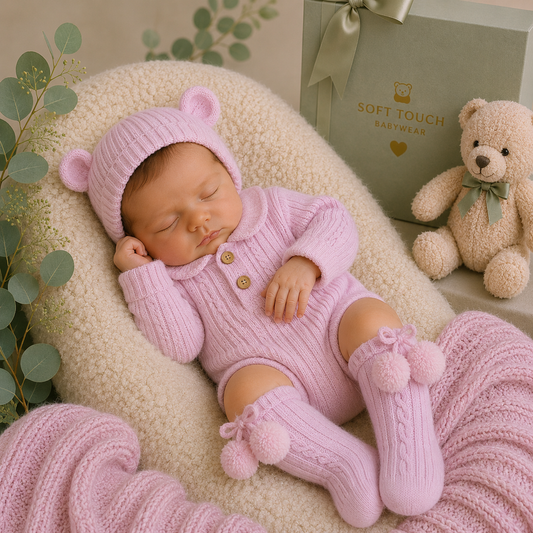 Newborn baby in pink knitted outfit with matching hat and socks, surrounded by soft textures and a teddy bear.