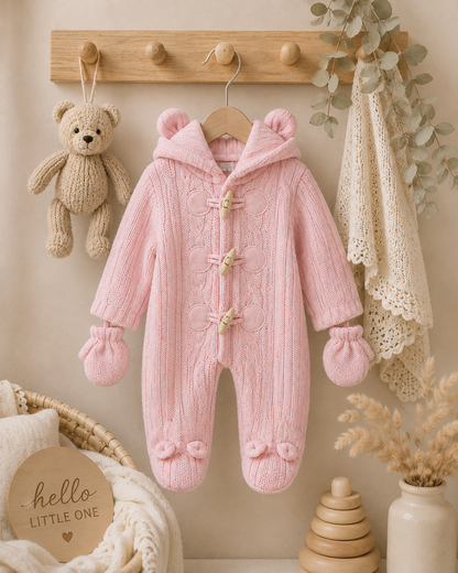 Pink knitted toggle Spanish pramsuit with bear ear hood and matching mittens on hanger