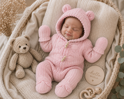 Newborn baby wearing pink knitted toggle Spanish pramsuit with bear ear hood and scratch mittens