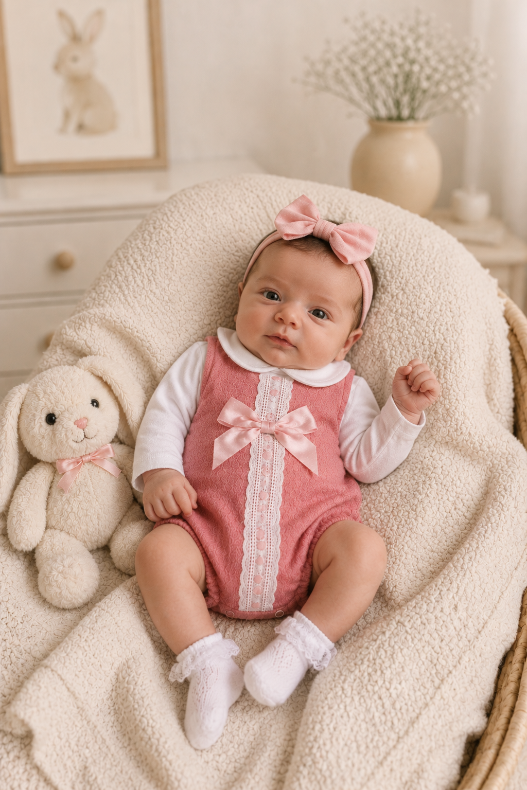 Baby in a pink romper with a bow, sitting on a soft surface with a teddy bear.