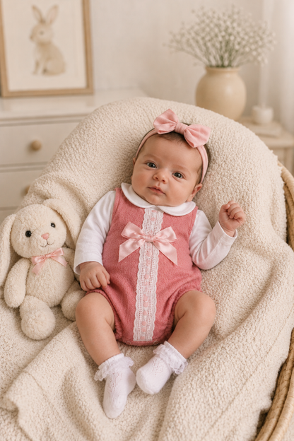 Baby in a pink romper with a bow, sitting on a soft surface with a teddy bear.