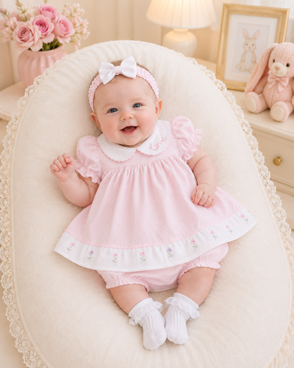 Baby in a pink dress with white lace trim sitting on a white cushion.