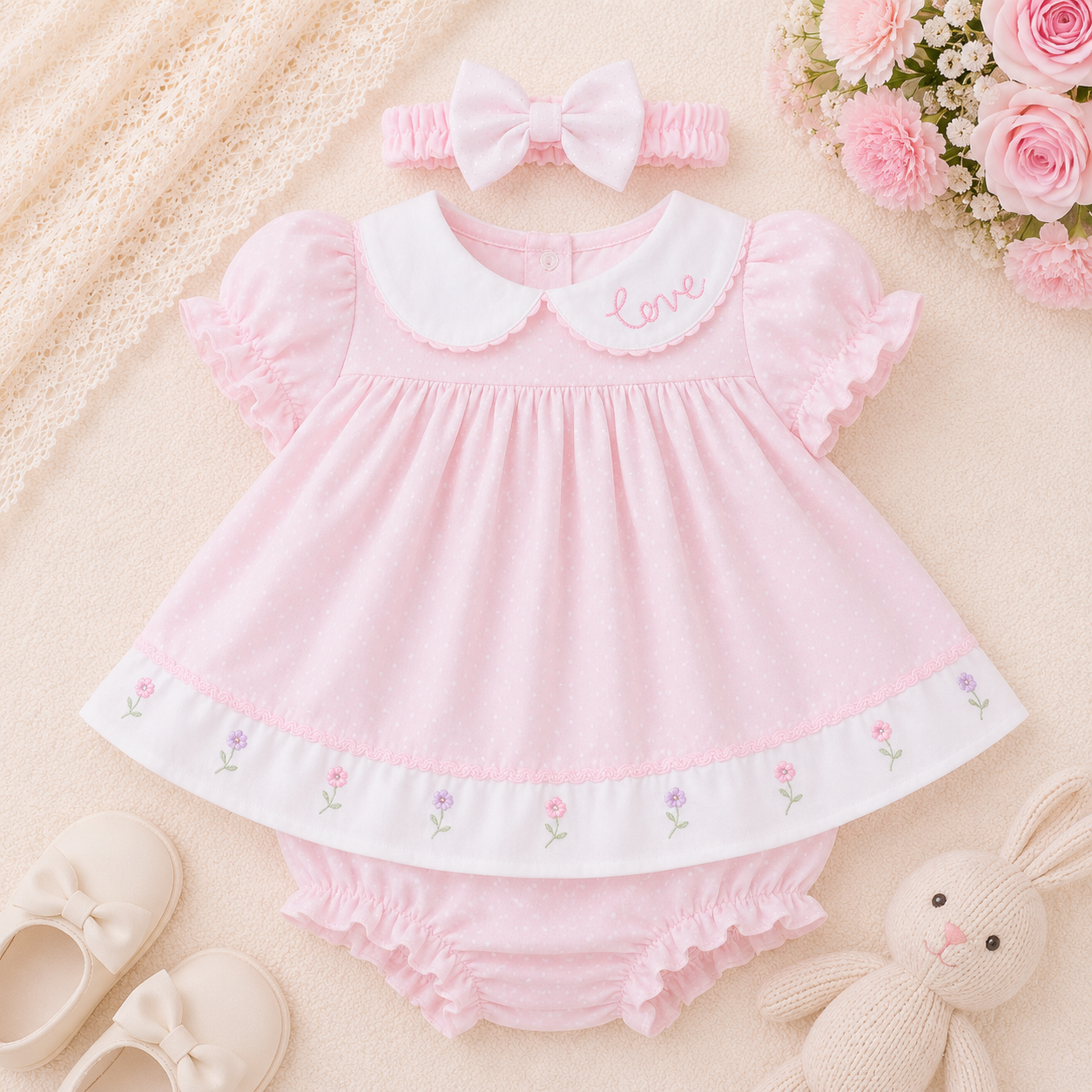 Pink baby dress with floral embroidery, headband, and bunny toy on a beige background