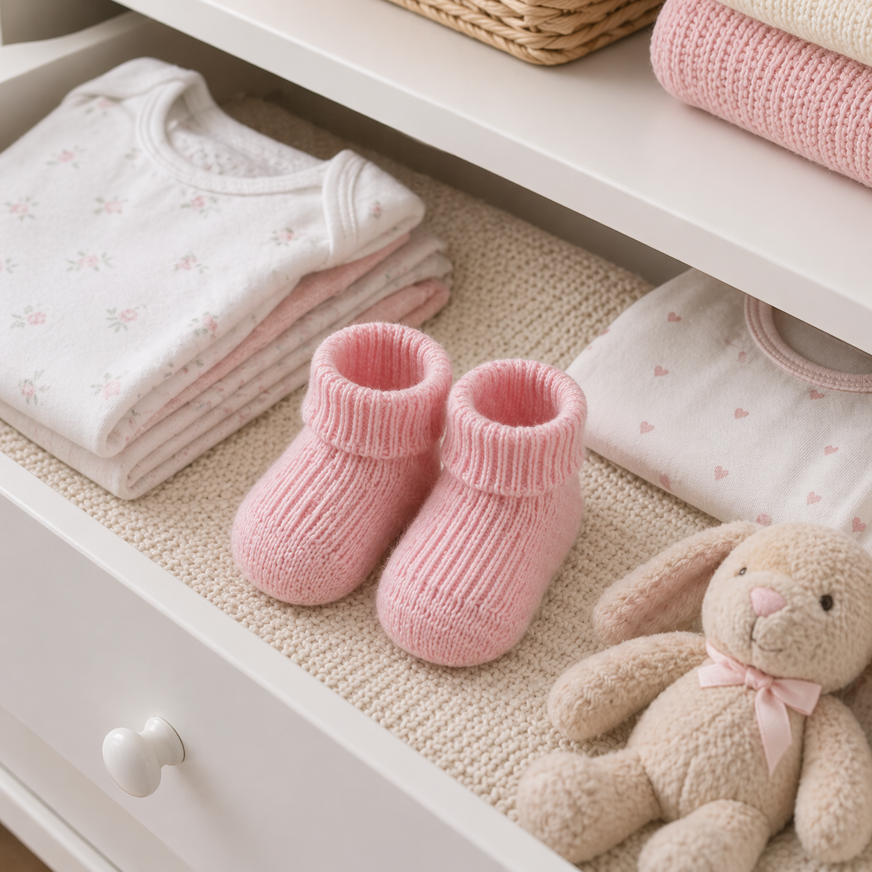 Folded baby clothes and pink knitted booties on a white shelf with a teddy bear.