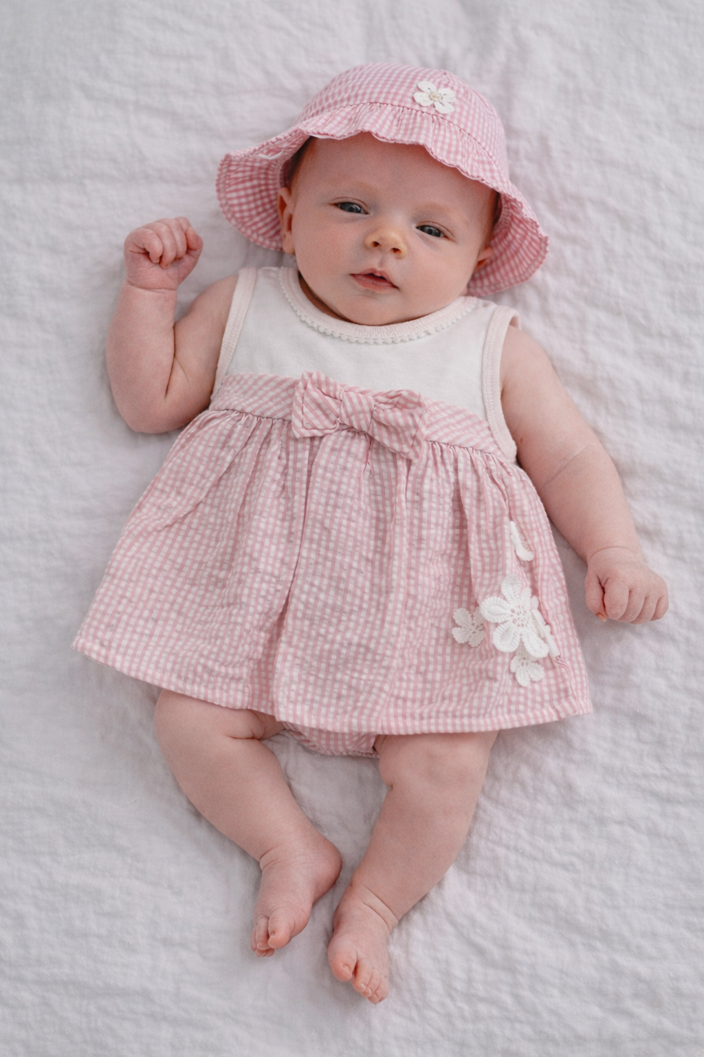 Pink Seersucker Baby Dress & Sun Hat Set