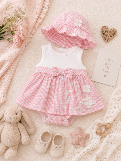 Baby girl's pink checkered outfit with hat, shoes, and teddy bear on a soft background