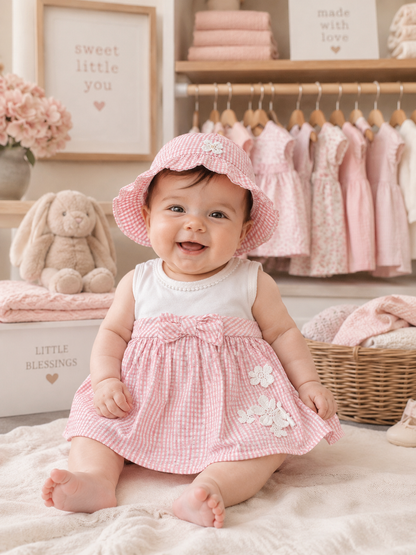 Baby in a pink checkered dress and hat sitting on a soft surface with baby clothes and toys in the background.