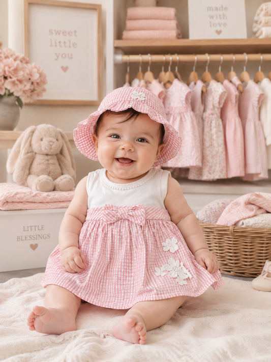 Baby in a pink checkered dress and hat sitting on a soft surface with baby clothes and toys in the background.