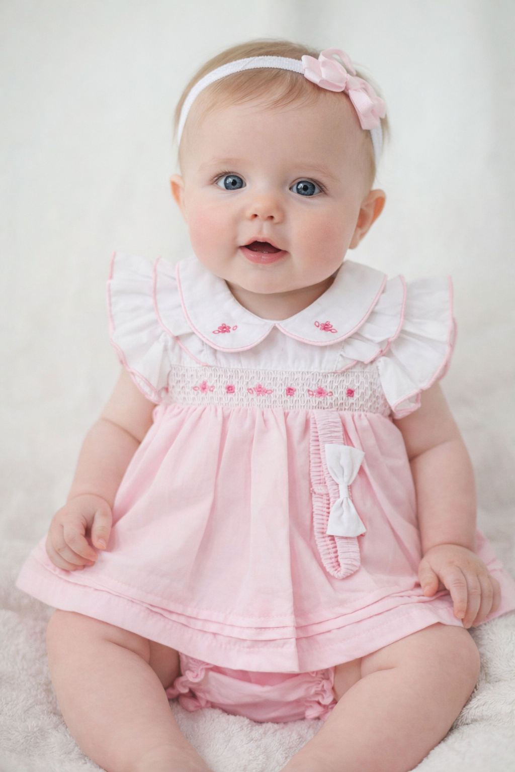 Baby wearing a pink dress with ruffles and a matching headband on a white background