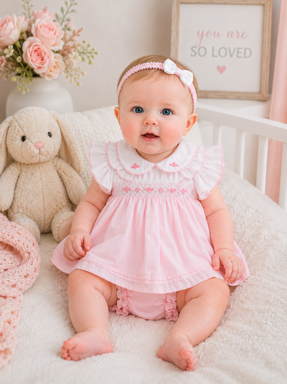 Baby in a pink dress sitting on a white blanket with a teddy bear and floral decorations.