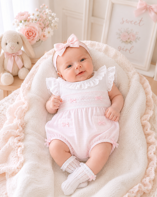 Baby in a pink outfit with ruffles and a matching headband, sitting on a soft surface with decorative elements.
