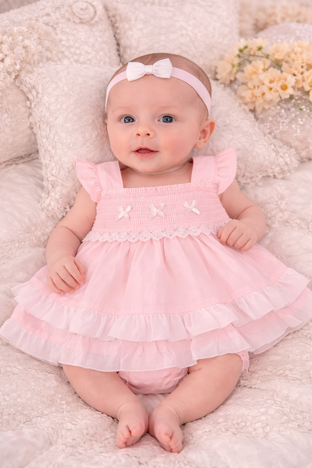 Baby in a pink dress with ruffles and a bow headband on a soft surface.