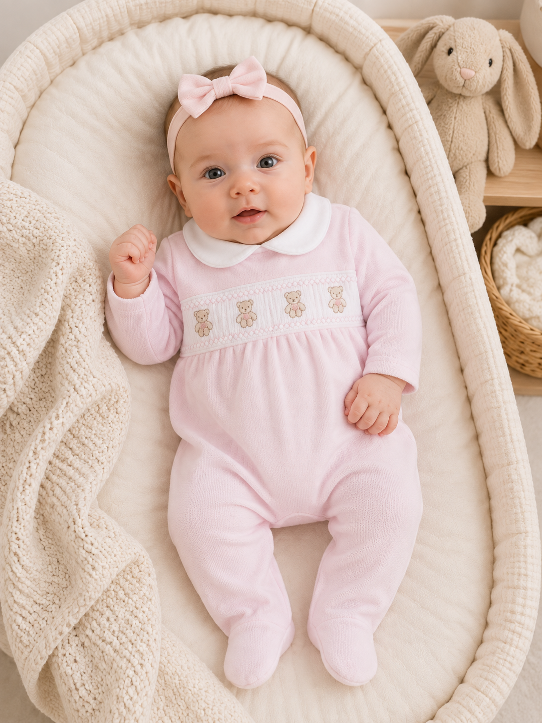 Baby girl lying in a moses basket wearing a pink smocked velour sleepsuit with white Peter Pan collar and teddy bear embroidery