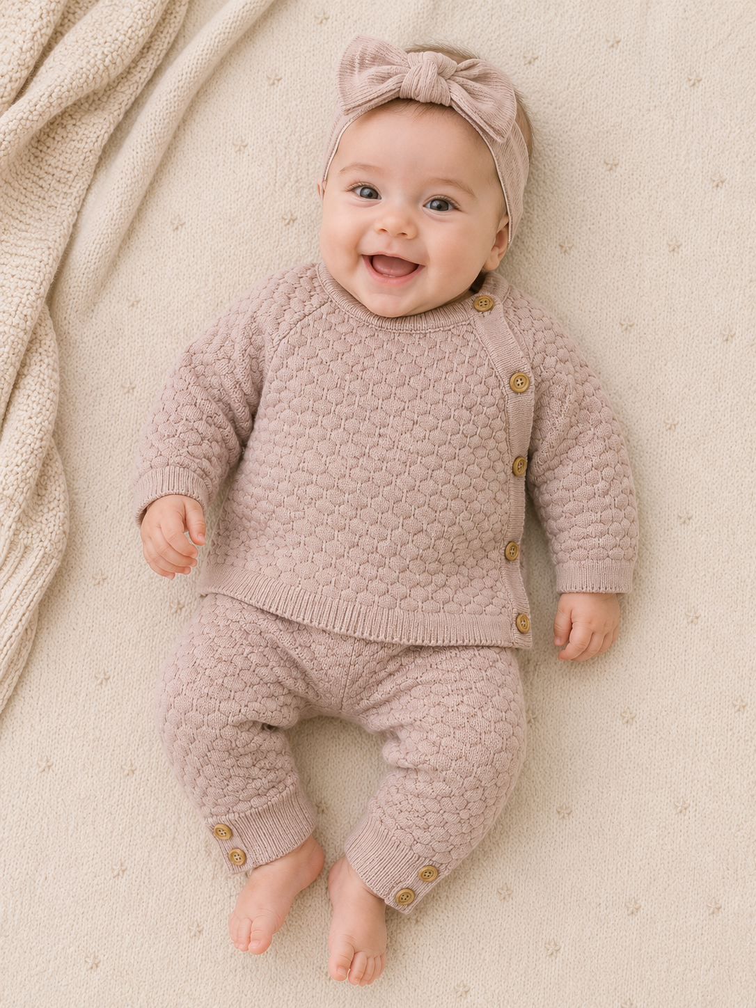 Baby wearing a pink knitted outfit with buttons on a beige blanket