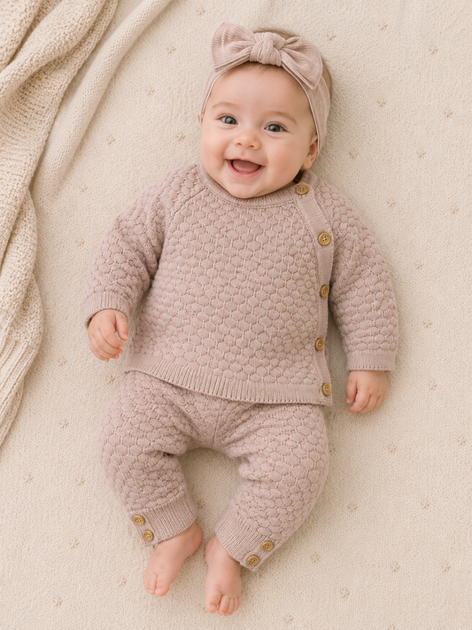 Baby wearing a pink knitted outfit with buttons on a beige blanket