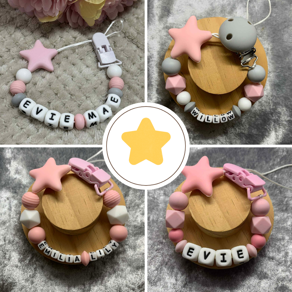 Collection of styles of pink star dummy clips from ttcreations. All can be personalised