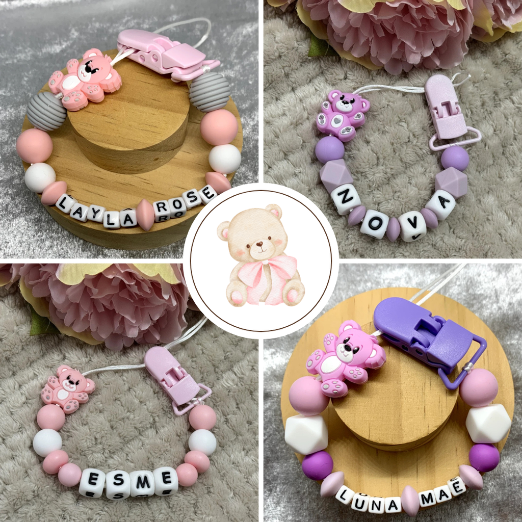 collection of dummy clips made by ttcreations with teddybear focals. Personalised options available.
