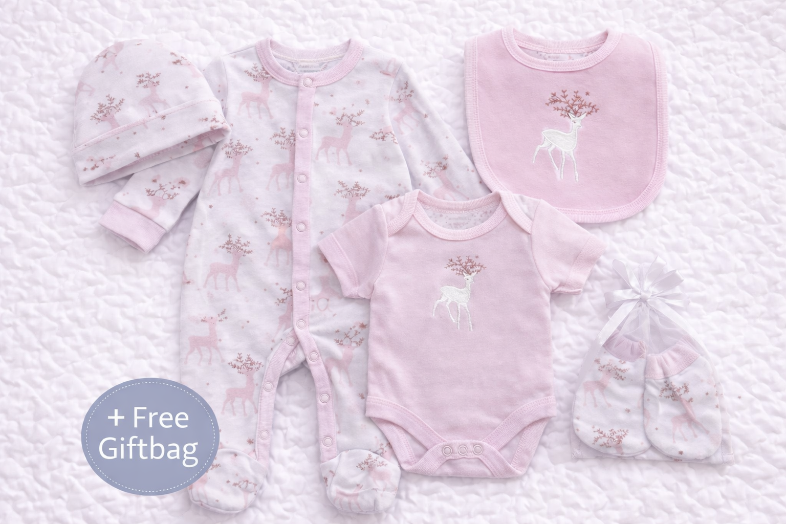 Five-piece pink baby clothing gift set featuring a deer woodland print. Includes a pink bib with embroidered deer, matching babygrow, short-sleeve bodysuit, baby hat and mittens, presented with a free gift bag. Perfect newborn or baby shower gift.