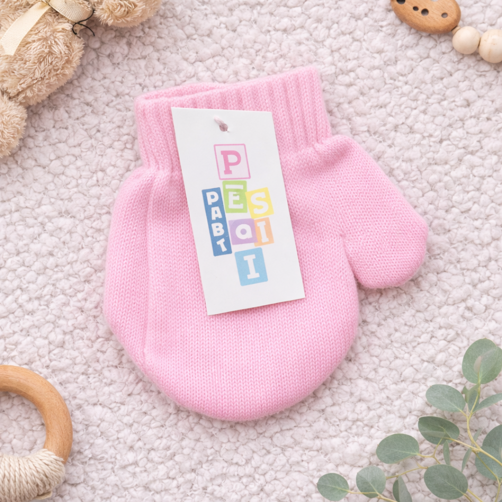 Soft pink knitted baby mittens with ribbed cuffs and Pesci Baby label, styled on a neutral textured blanket with wooden toys and teddy bear.
