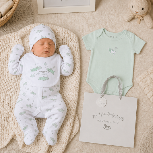 Newborn baby in white outfit with green patterns, next to a light green onesie and gift bag on a textured surface.