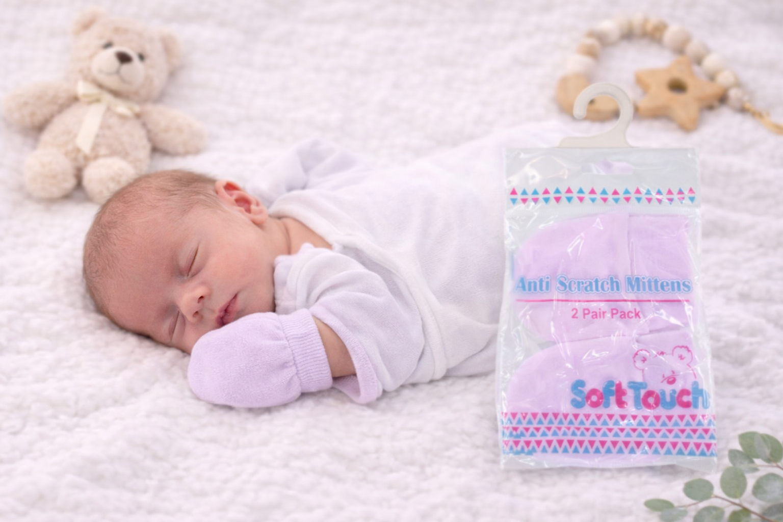 Sleeping premature newborn lying on a soft white blanket, wearing pale lavender anti-scratch hand mittens, styled in a gentle nursery setting for baby product display.