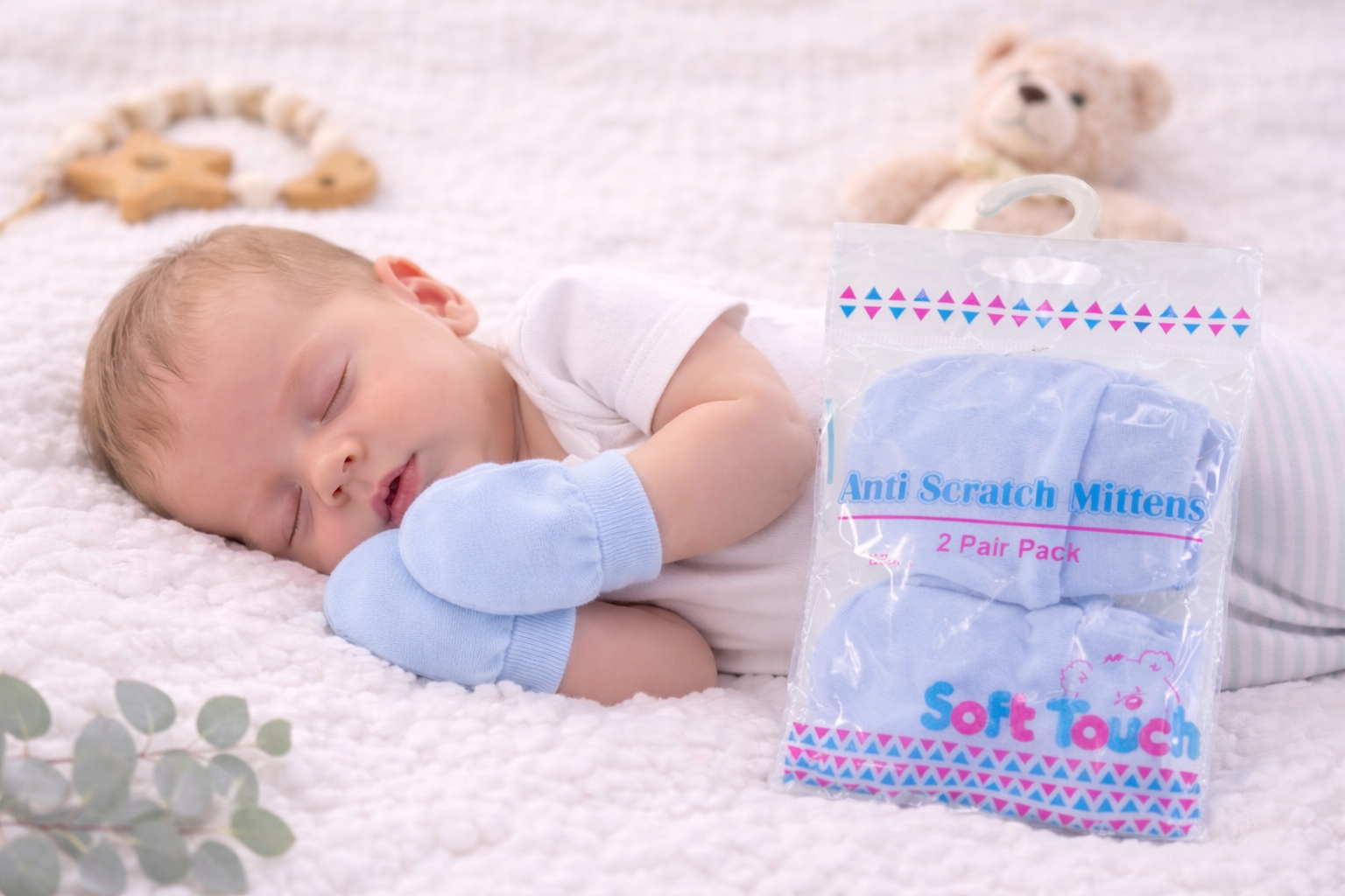 Sleeping premature baby lying on a white blanket, gently wearing light blue anti-scratch mittens designed to protect delicate newborn skin.
