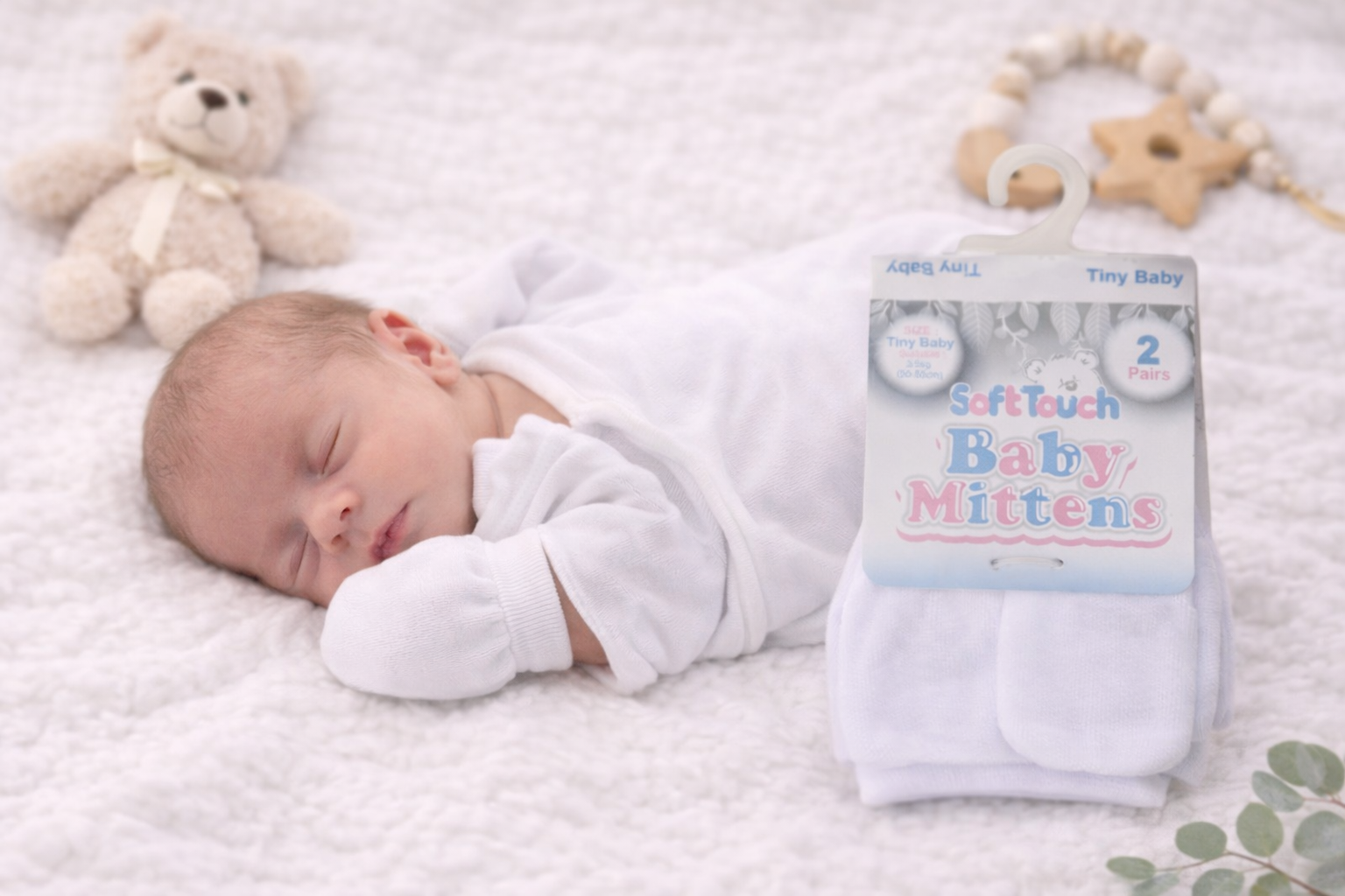 A peaceful premature newborn sleeps on a soft white blanket while wearing gentle white cotton hand mittens designed to protect delicate skin and prevent scratching, shown alongside matching packaged mittens for scale and clarity.