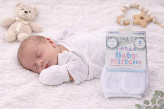 A peaceful premature newborn sleeps on a soft white blanket while wearing gentle white cotton hand mittens designed to protect delicate skin and prevent scratching, shown alongside matching packaged mittens for scale and clarity.