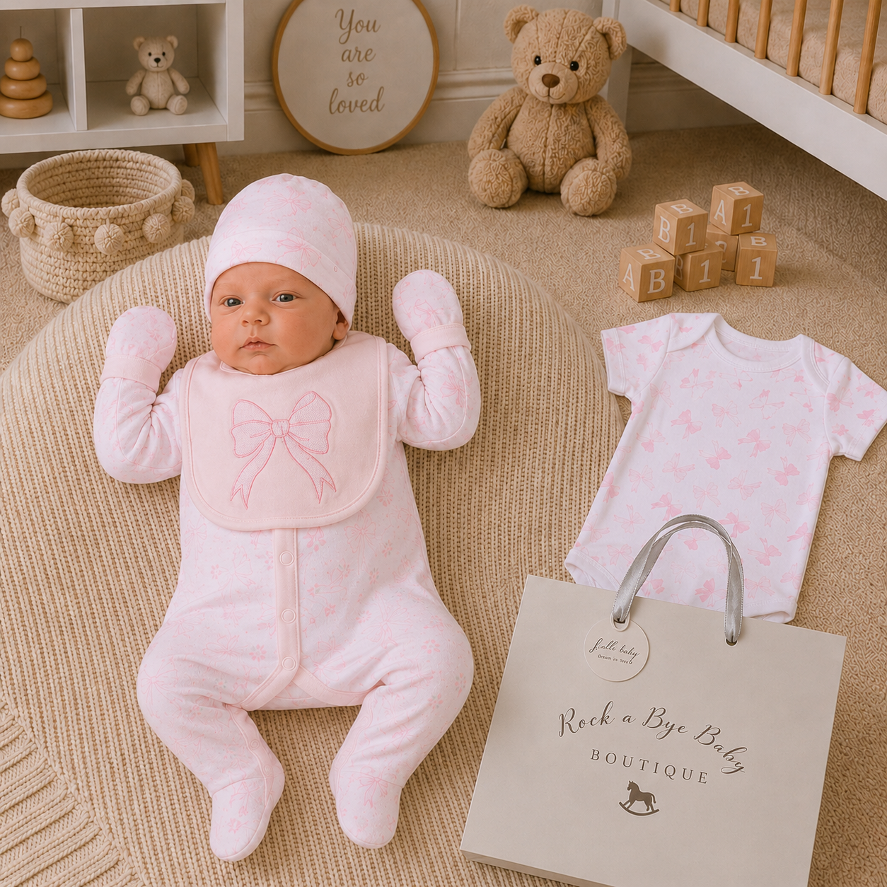 Baby in pink outfit with matching bib and outfit on a textured surface, surrounded by toys and 'Rock a Bye Baby' bag.