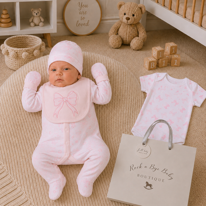 Baby in pink outfit with matching bib and outfit on a textured surface, surrounded by toys and 'Rock a Bye Baby' bag.