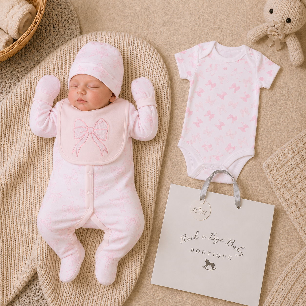 Newborn baby in pink outfit with matching hat and bib, surrounded by baby items on a beige blanket.