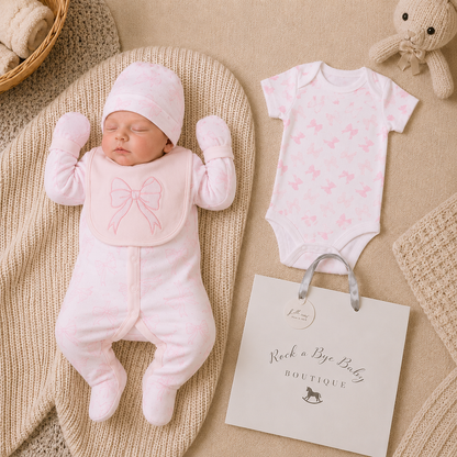 Newborn baby in pink outfit with matching hat and bib, surrounded by baby items on a beige blanket.