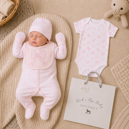 Newborn baby in pink outfit with matching hat and bib, surrounded by baby items on a beige blanket.