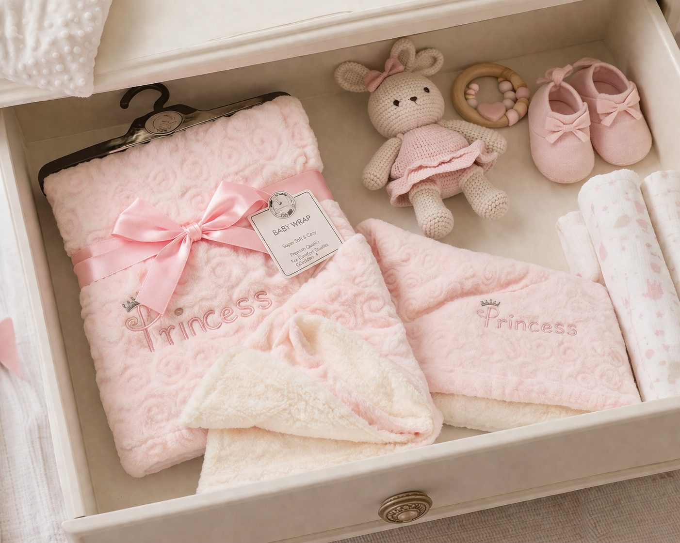 Baby girl's nursery items including a pink blanket, toy, and shoes in an open drawer.
