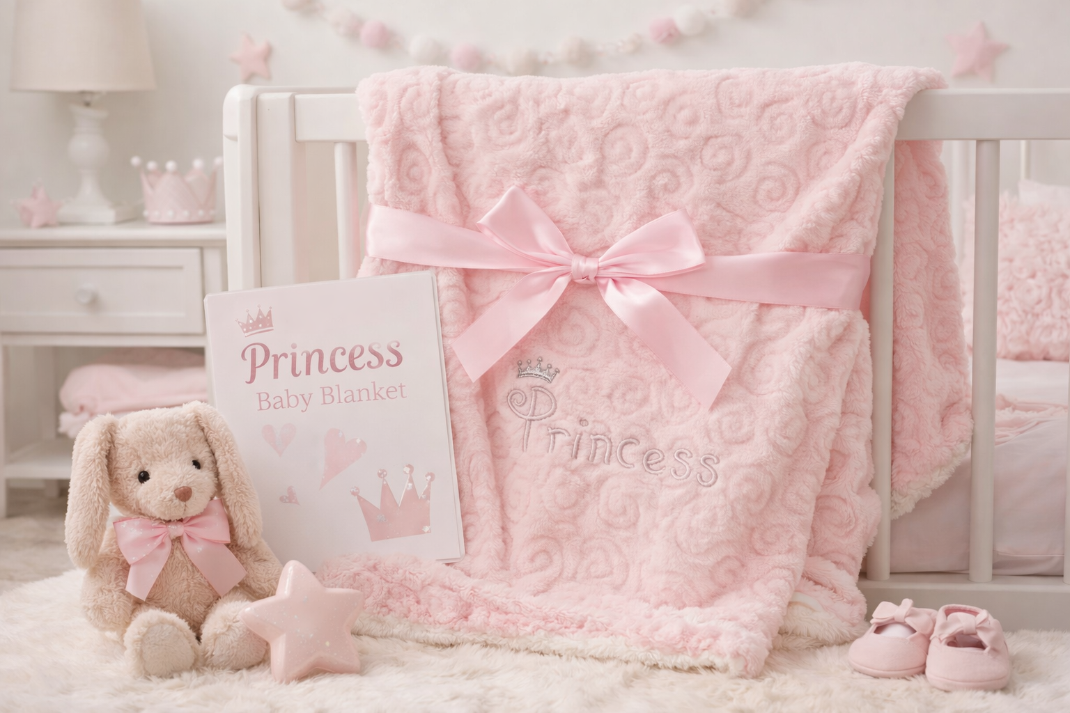 Pink baby blanket with 'Princess' text, teddy bear, and book in a crib.
