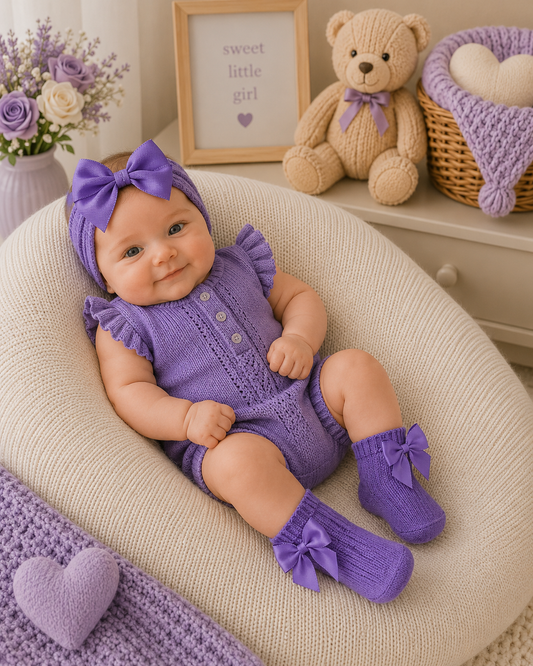 Baby in purple outfit with matching headband and socks, surrounded by decorative items.