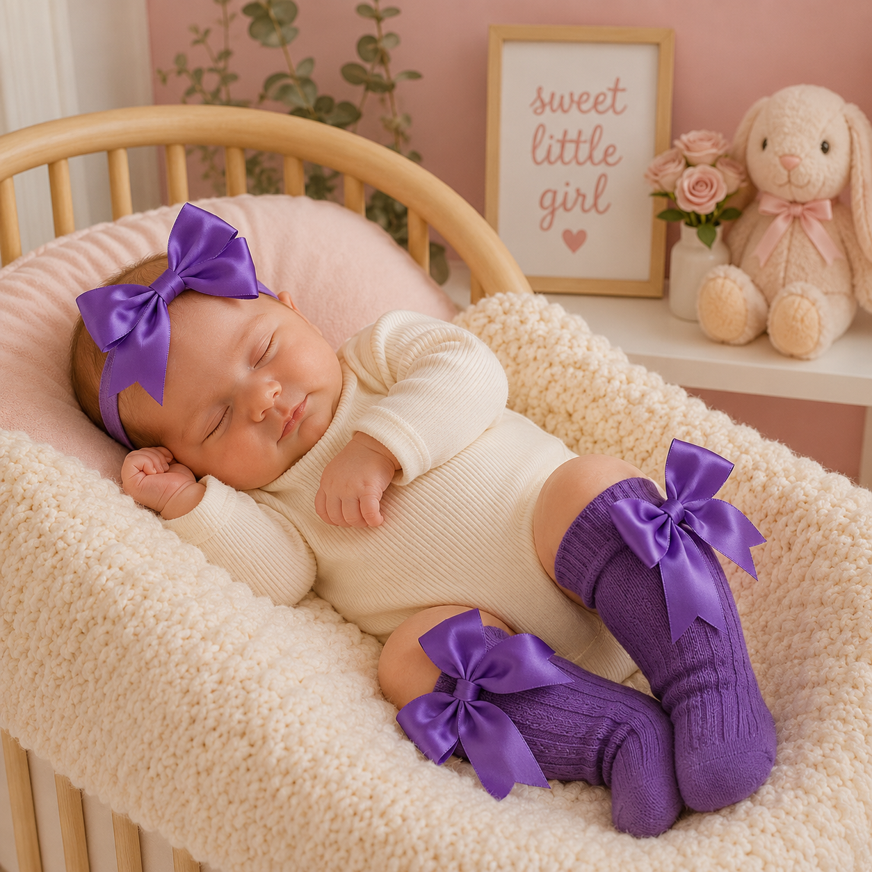 Newborn baby in a crib wearing purple bows and a pink outfit, with a 'sweet little girl' sign in the background.