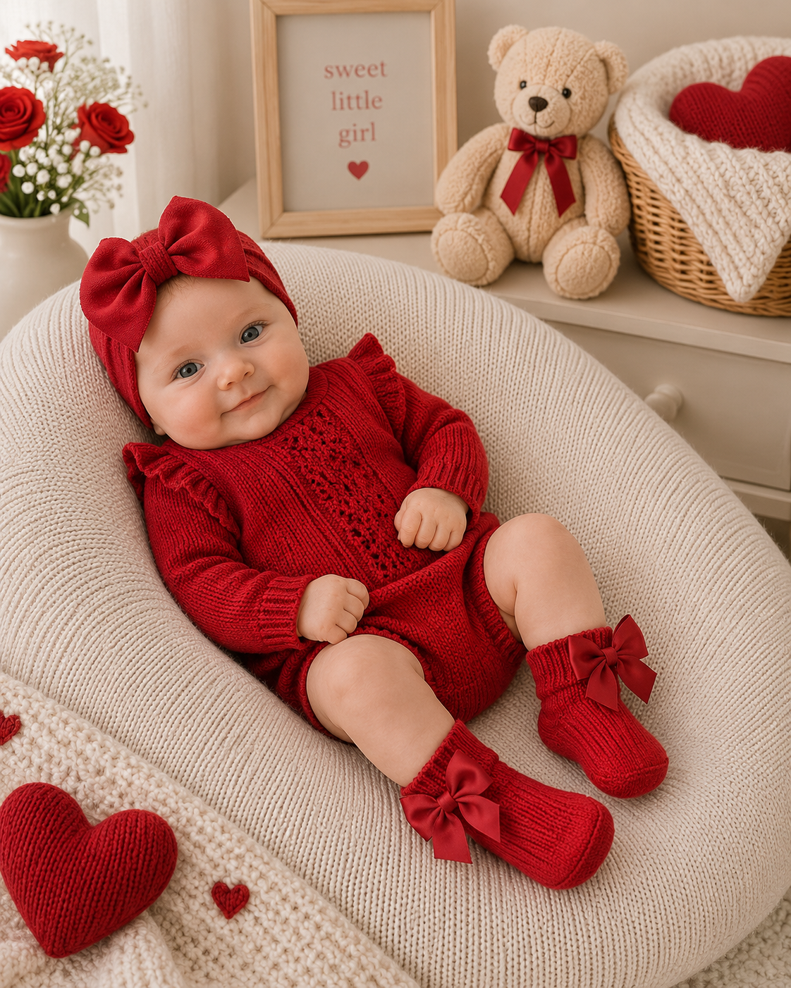 Baby in red outfit with bow headband and socks, surrounded by heart decorations and a teddy bear.