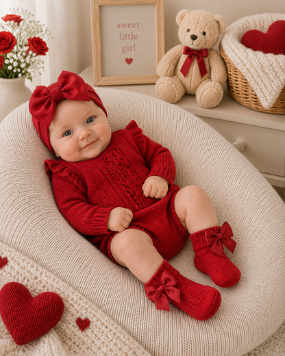 Baby in red outfit with bow headband and socks, surrounded by heart decorations and a teddy bear.