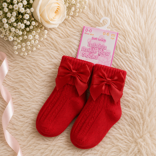 Red baby socks with bows on a textured surface with flowers and ribbon.