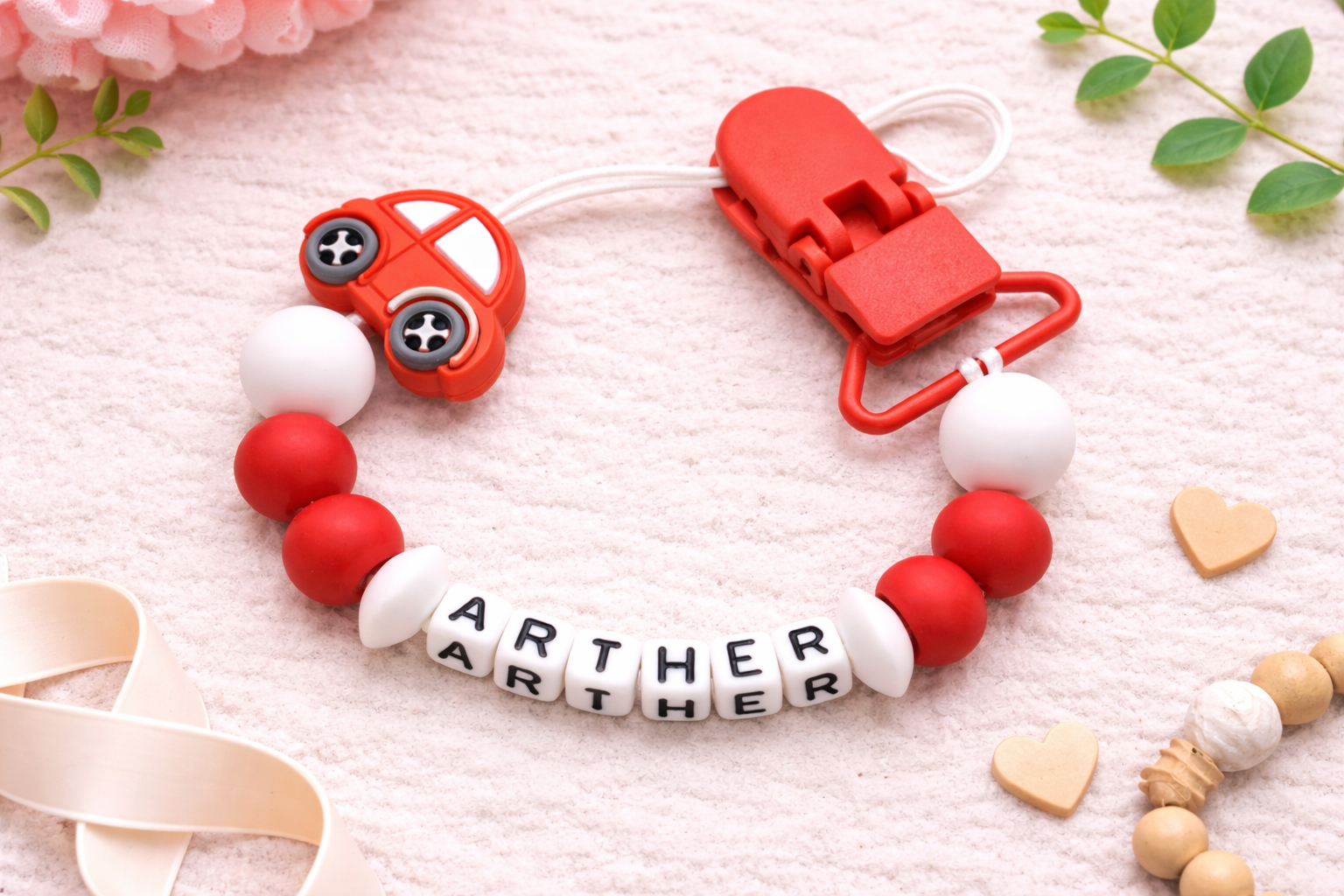 Red Car Dummy Clip - Custom Silicone Pacifier Holder (Small Plastic Letter Design)