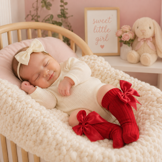 Newborn baby in a crib wearing a cream outfit and red bow-legged bloomers, with a pink nursery in the background.