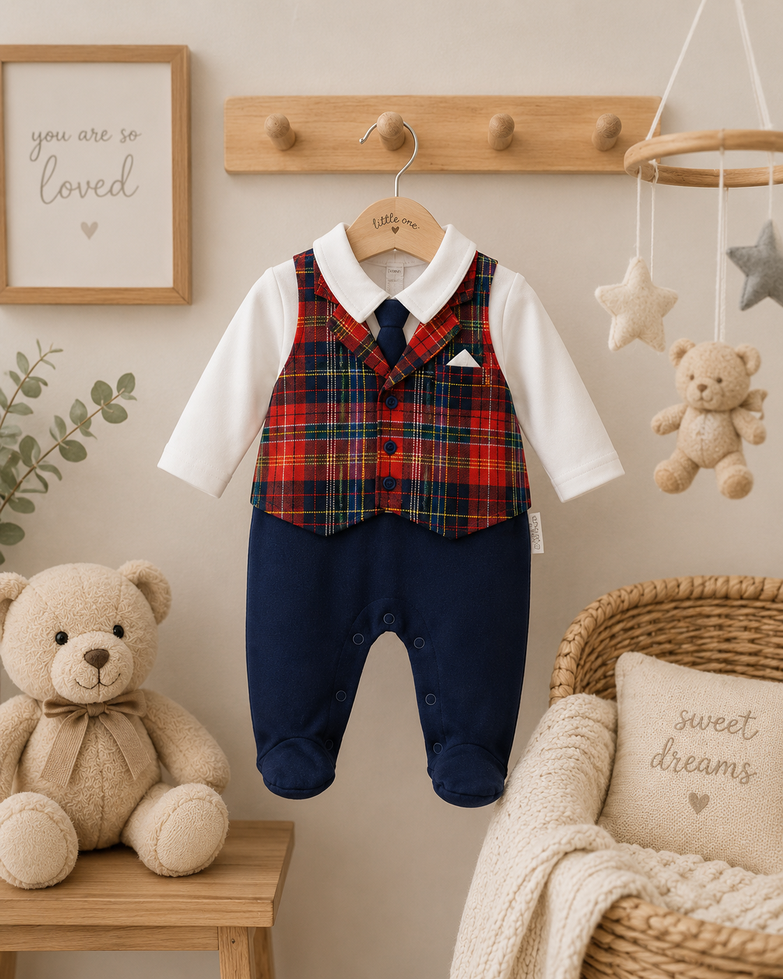 Tartan Spanish sleepsuit with navy and red tartan mock waistcoat, tie and pocket square on hanger
