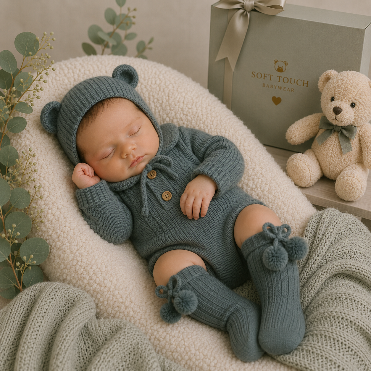 Newborn baby in a blue knitted outfit with bear ears, sleeping on a soft surface with a teddy bear and gift box in the background.