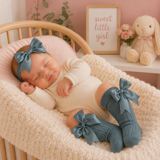 Newborn baby in a crib wearing a headband and socks with bows, surrounded by soft decor.
