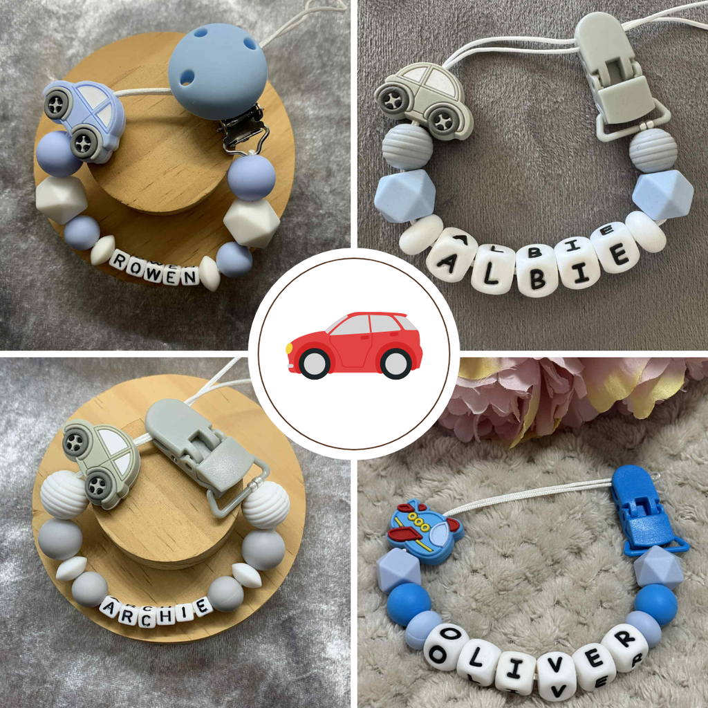 4 designs of handmade dummy clips made by ttcreations. All Featuring Silicone beads and car designs.